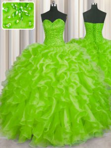 El cordón sin mangas con estilo ata para arriba el dulce 16 vestido del quinceanera amarillo verde organza
