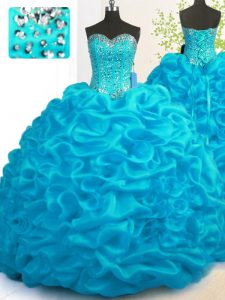 Adorable cepillo de tren vestido de baile quinceanera azul aqua azul sin mangas de organza con el tren de encaje hasta