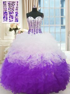 Los vestidos de bola encantadores del piso vestidos blancos y púrpuras sin mangas del vestido de quinceanera atan para arriba