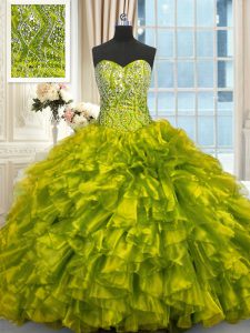 Beauteous verde verde oliva vestido de organza sin mangas rebordear y volantes de encaje hasta dulce 16 vestidos cepillo de tren