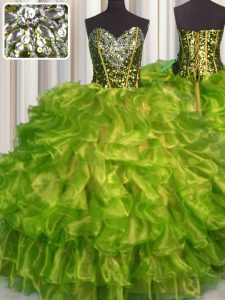 Sofisticado piso de longitud encaje hasta los vestidos de bola de membrillo verde oliva para el balón militar y dulces 16 y quinceanera con rebordear y volantes