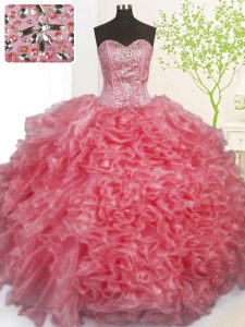 Sofisticado rosa rosa encaje dulce dulce 16 vestido de abalorios y volantes y recoger la longitud del piso sin mangas