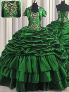 Verde oscuro ata para arriba el rebordear del amor y appliques y las recolecciones 15 vestido del quinceanera tafetán sin mangas cepillo tren