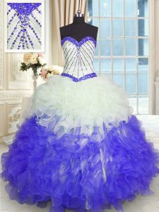 Azul y blanco de lujo ata para arriba los vestidos de la quinceañera que rebordean y ruffles la longitud sin mangas del piso
