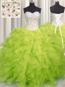 Los vestidos de lujo del dulce 16 de los vestidos de bola amarillean la longitud sin mangas del piso del organza del amor verde atan para arriba