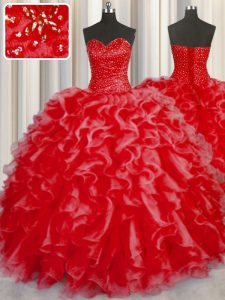 Niza cabestro piso de longitud coral rojo dulce 16 vestido de organza sin mangas rebordear y volantes