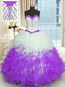 La longitud sin mangas fina del piso del organza ata para arriba dulce 16 vestido del quinceanera en blanco y púrpura con rebordear y volantes