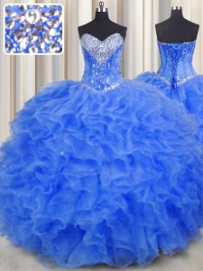Vestido de noche del vestido de los vestidos de bola 15 del azul real de la longitud del piso sin mangas del organza del amor del cordón