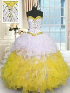 La longitud sin mangas del piso del nuevo estilo que rebordea y las colmenas atan para arriba el vestido de quinceanera con amarillo y blanco