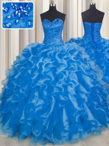Los vestidos de bola dulce 16 vestido del quinceanera azul amor la longitud sin mangas del piso del organza atan para arriba