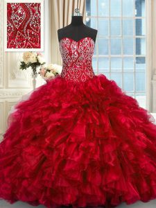 El vestido rojo del quinceanera el tren sin mangas del cepillo del amor ata para arriba