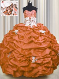 Rojo anaranjado agraciado ata para arriba appliques del vestido del quinceanera y cequis y recoge sin mangas con el tren del cepillo