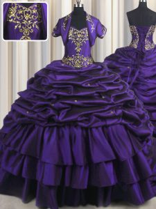 Flare púrpura vestidos de bola rebordear y apliques y recoger vestidos de quinceañera ata hasta tafetán sin mangas con el tren