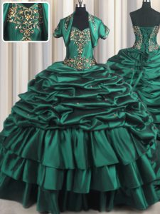 El tafetán verde elegante del pavo real atan para arriba el vestido del 15to cumpleaños sin mangas con el tren del cepillo que rebordea y los appliques y las recolecciones