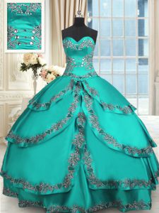 La alta calidad rizó el amor sin mangas ata para arriba el 15to vestido del cumpleaños turquesa tafetán
