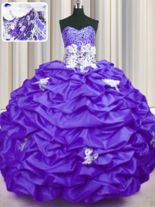 Elegante con tren púrpura vestidos de quinceañera cepillo cepillo tren apliques sin mangas y lentejuelas y recolecciones