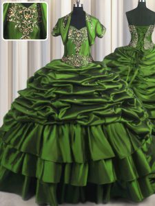 Los vestidos de bola verde tafetán sin mangas beading sin mangas y apliques y recogidas con tren de encaje hasta dulce 16 vestido de quinceanera cepillo de tren