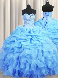 Moderna recoge piso de longitud azul bebé dulce 16 quinceañera vestido de novia sin mangas backless