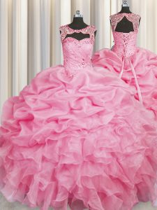 Cucharada rosa rosa encaje hasta el vestido de cumpleaños 15 beading y recoger la longitud del piso sin mangas