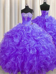 Vestidos de bola púrpuras de la venta caliente que rebordean y colmenas 15 vestido del quinceanera atan para arriba el organza sin mangas