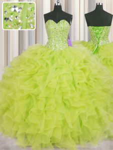 Visibles deshuesado amarillo verde encaje hasta vestido de quinceañera perlas y volantes longitud sin mangas del piso