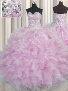 Bling-bling lila vestidos de bola rebordear y volantes vestido de baile vestido de fiesta hasta el cordón sin mangas de organza longitud del piso