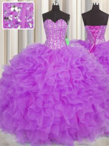 El organza sin mangas púrpura oscilante visible maravilloso ata para arriba el décimo quinto vestido del cumpleaños para la bola militar y el dulce 16 y el quinceanera
