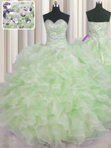 El verde ideal ata para arriba el vestido del baile de fin de curso del vestido de bola que rebordea y ruffles la longitud sin mangas del piso
