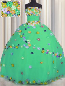 Graceful strapless sin mangas dulce 16 vestido de longitud de piso hecho a mano de flores turquesa Tulle