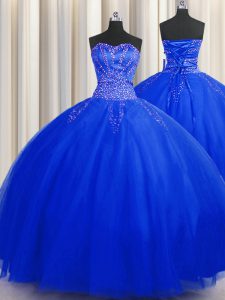 El amor azul real de la falda hinchable excepcional ata para arriba el rebordear dulce 16 vestidos sin mangas