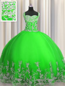 Vestidos de baile bonitos dulce 16 vestidos de tiras verdes tul sin mangas longitud del piso encaje hasta