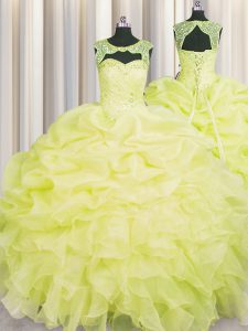 Scoop de diseño personalizado rebordear y recoger el vestido de quinceanera amarillo amarre hasta longitud de piso sin mangas