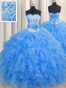 Vestidos de bola hechos a mano simples de la longitud del piso de la flor vestido sin mangas del quinceanera del azul de bebé atan para arriba