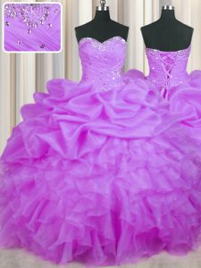 Organza púrpura ata para arriba vestidos de quinceanera longitud sin mangas del piso que rebordea y volantes y recolecciones