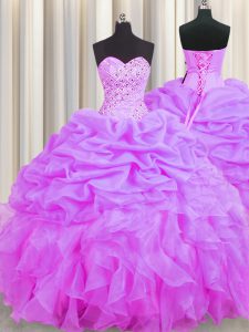 Organza lila hasta 15 cumpleaños vestido sin mangas de longitud del piso de rebordear y volantes y pick ups