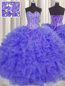 Brillante visible deshuesado púrpura sin mangas rebordear y volantes y cintas cintas piso longitud vestido de fiesta vestido de baile
