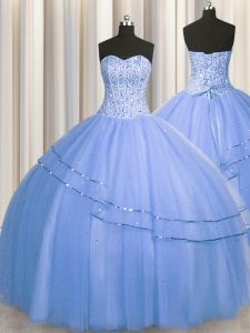 Los vestidos de bola hinchables visibles de la longitud del piso de la venta caliente que viste el vestido azul sin mangas del quinceanera del cordón atan para arriba