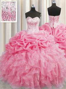 Visibles deshuesado rosa rosa vestido de novia sin mangas de organza de organza rebordear y colmenas longitud del piso encaje hasta vestidos de quinceañera