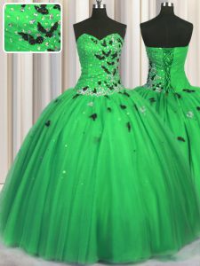 La longitud sin mangas elegante del piso de Tulle ata para arriba el vestido del quinceanera en verde con el rebordear y los appliques