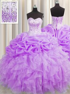 Visibles deshuesado púrpura vestido de baile de organza sin mangas rebordear y volantes y recoger la longitud del piso hasta el vestido de baile vestido de fiesta