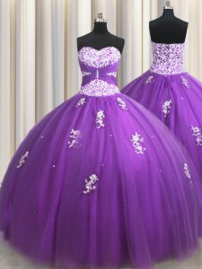 Los vestidos de bola púrpuras longitud sin mangas del piso de Tulle del amor atan para arriba rebordear y appliques los vestidos de bola del membrillo