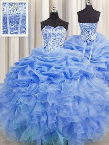 Recoge atractivos visibles deshuesando los vestidos de bola de la longitud del piso sin mangas azul dulce 16 vestido del quinceanera atan para arriba