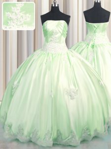 Los vestidos de bola 15 vestido del quinceanera longitud sin mangas del piso del tafetán sin tirantes verde atan para arriba