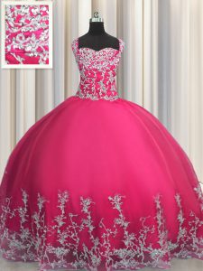 La longitud sin mangas excelente del piso que rebordea y los appliques atan para arriba el vestido del décimo quinto cumpleaños con el color de rosa caliente