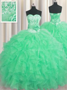 Amazing handcrafted flor manzana verdes vestidos de bola rebordear y volantes y flores hechas a mano 15to cumpleaños vestido encaje hasta organza longitud sin mangas de piso
