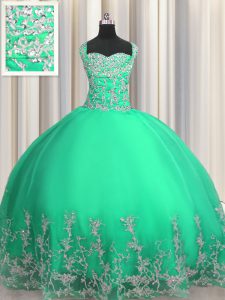 Atractiva turquesa sin mangas de longitud del piso perlas y apliques de encaje hasta el vestido de baile vestido de fiesta