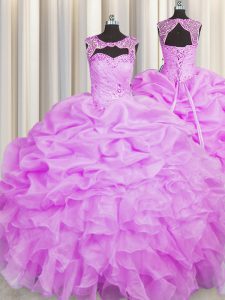 Los vestidos de bola de la lila organza cucharón sin mangas rebordear y recoger la longitud del piso de encaje hasta vestido de baile vestido de fiesta