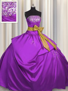Vestidos de fiesta púrpuras libres y fáciles satén sin mangas sin tirantes rebordear y longitud del piso del bowknot atan para arriba el vestido de cumpleaños 15to