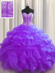 Visible deshuesado púrpura sin mangas longitud del piso rebordear y volantes de encaje hasta vestido de baile vestido de fiesta