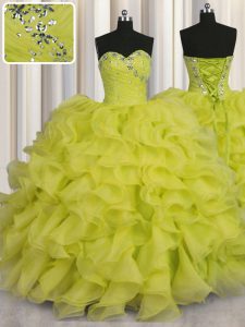 Los vestidos de bola únicos de la longitud del piso sin mangas amarillean los vestidos del dulce 16 del verde atan para arriba